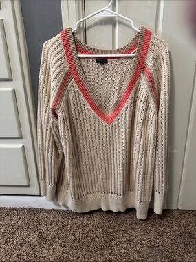 Talbots Cream V-Neck Knit Sweater with Coral Trim